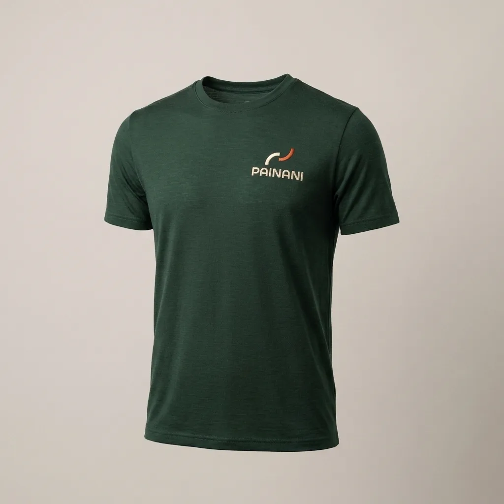 PAINANI trail tee in pine green merino, front view