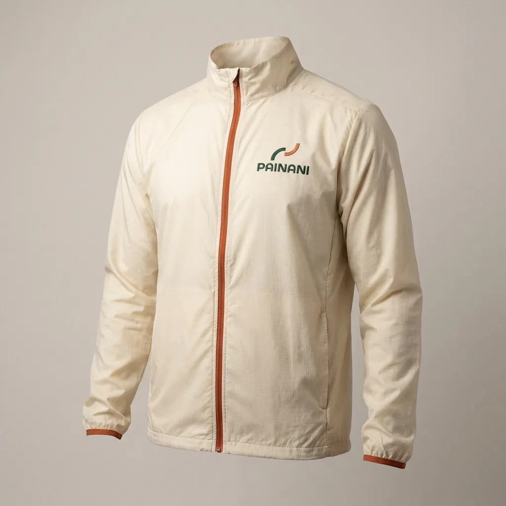 PAINANI wind shell in cream ripstop with terracotta zip, front view